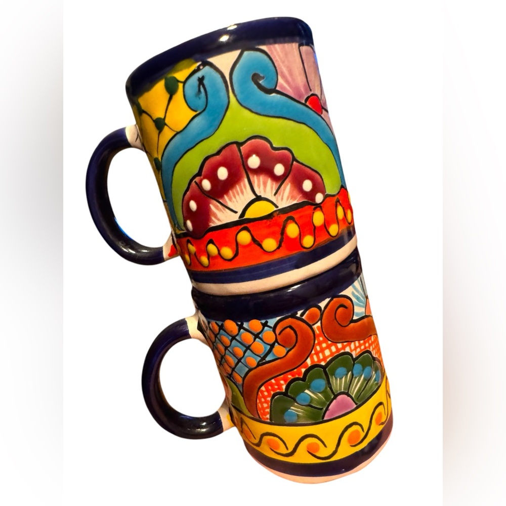 Vintage MCM Mexican Colorful handmade Ceramic Art Mugs Set 2pcs